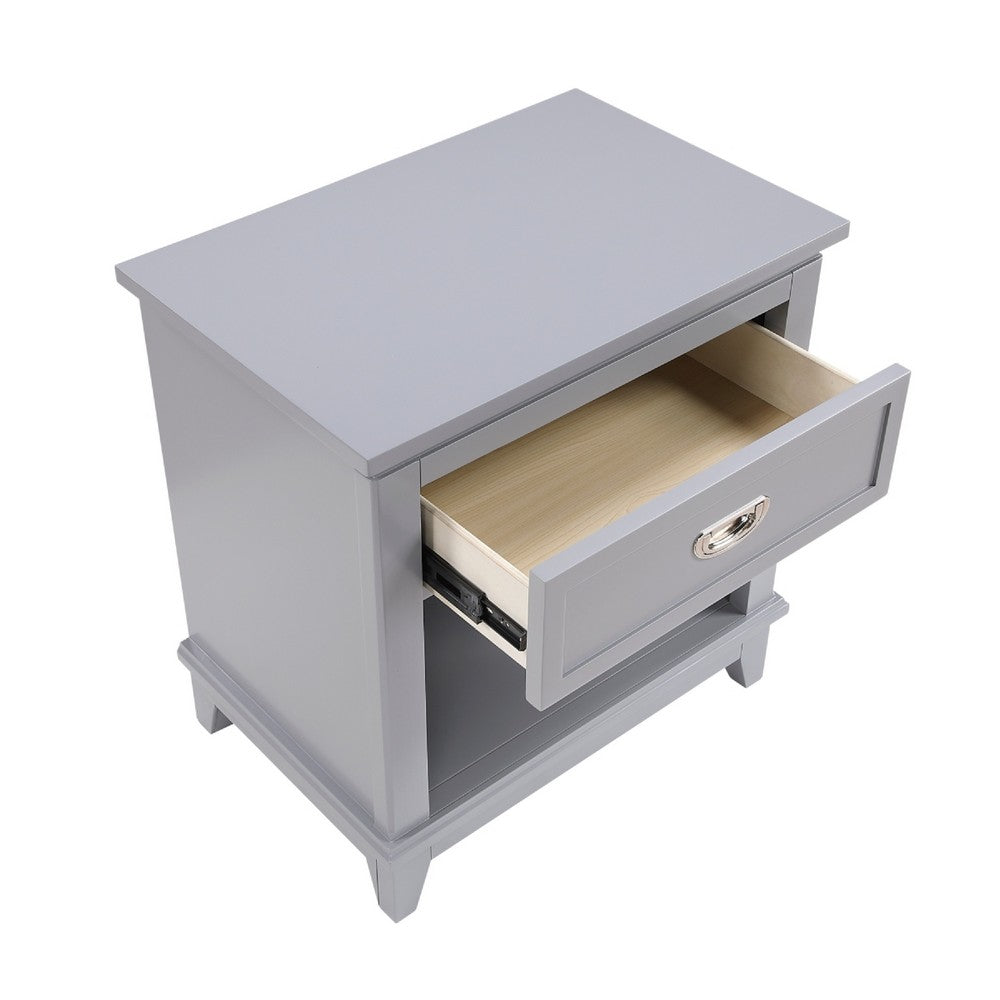 Benjara Sely Nightstand, Open Cubby And Drawer, Nickel Handle, Gray, 26 Inch
