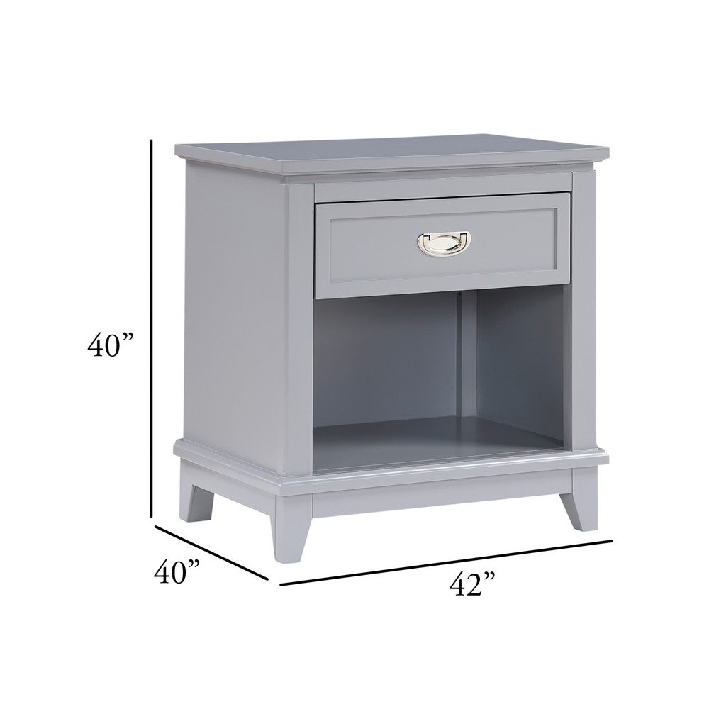Benjara Sely Nightstand, Open Cubby And Drawer, Nickel Handle, Gray, 26 Inch