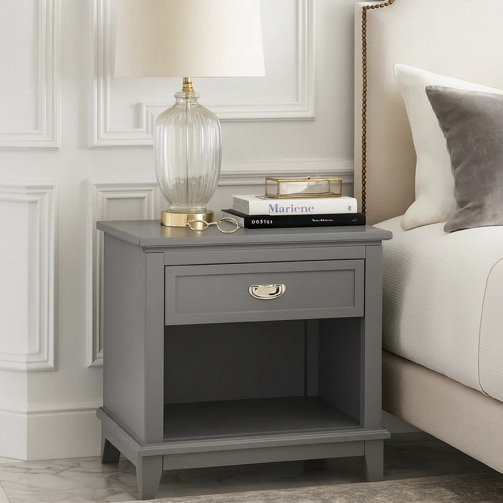 Benjara Sely Nightstand, Open Cubby And Drawer, Nickel Handle, Gray, 26 Inch