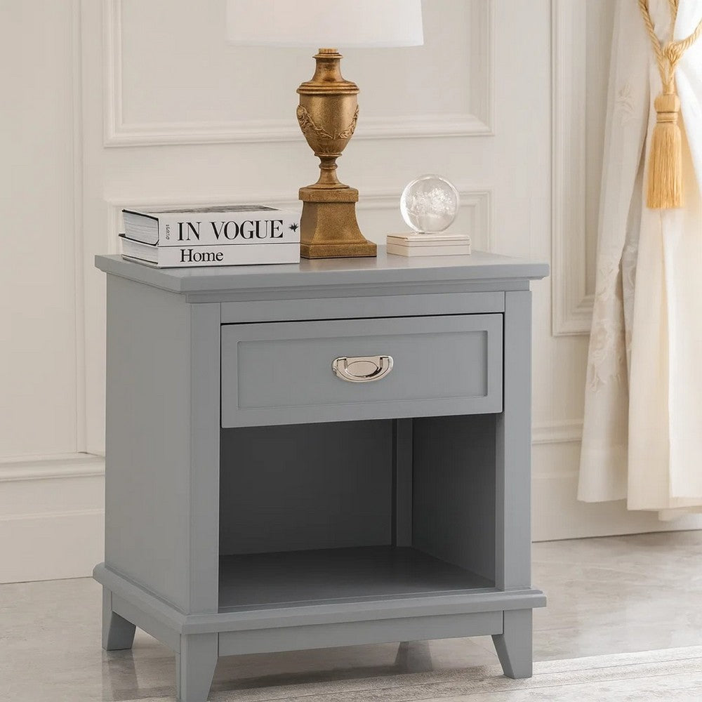 Benjara Sely Nightstand, Open Cubby And Drawer, Nickel Handle, Gray, 26 Inch
