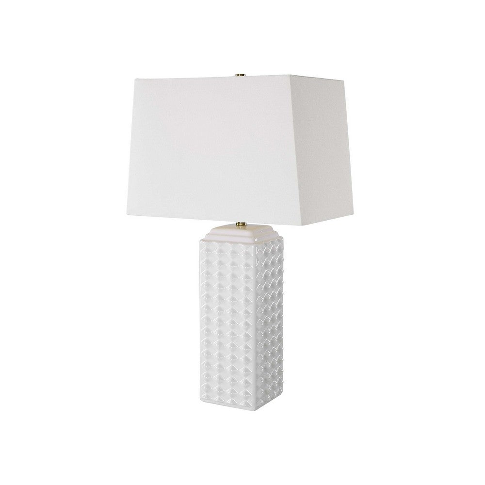 Benjara Table Lamp, Linen Shade, 3D Diamond Knob Gloss White Ceramic, 25 Inch