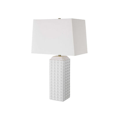 Benjara Table Lamp, Linen Shade, 3D Diamond Knob Gloss White Ceramic, 25 Inch