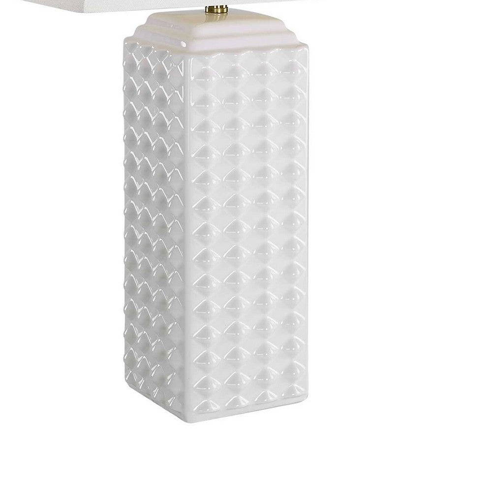Benjara Table Lamp, Linen Shade, 3D Diamond Knob Gloss White Ceramic, 25 Inch