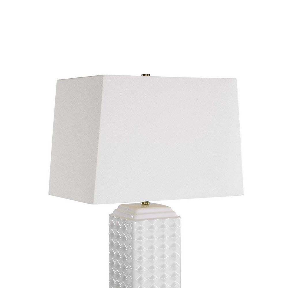 Benjara Table Lamp, Linen Shade, 3D Diamond Knob Gloss White Ceramic, 25 Inch