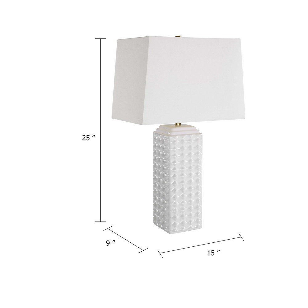 Benjara Table Lamp, Linen Shade, 3D Diamond Knob Gloss White Ceramic, 25 Inch