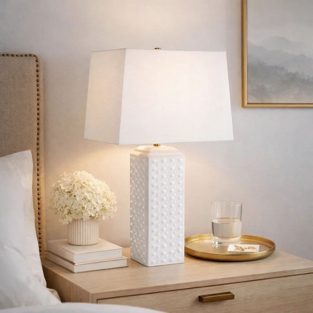 Benjara Table Lamp, Linen Shade, 3D Diamond Knob Gloss White Ceramic, 25 Inch