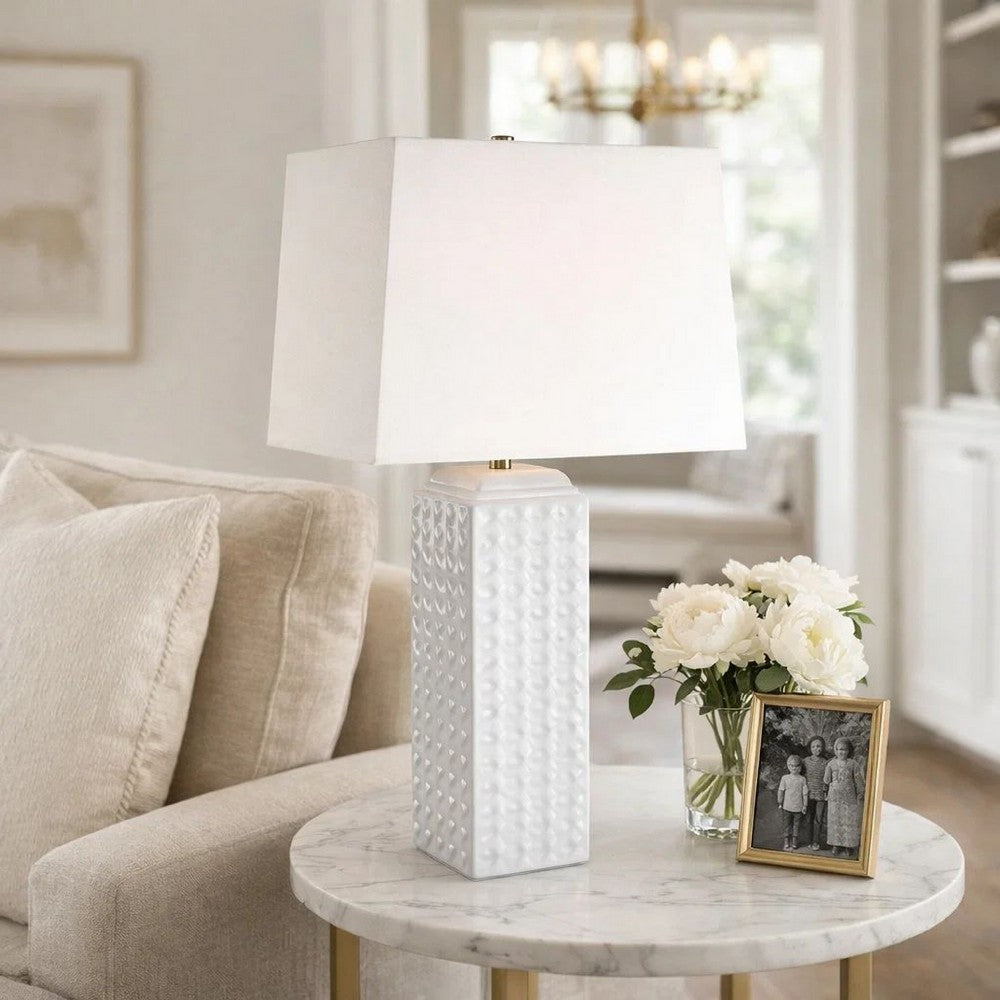 Benjara Table Lamp, Linen Shade, 3D Diamond Knob Gloss White Ceramic, 25 Inch