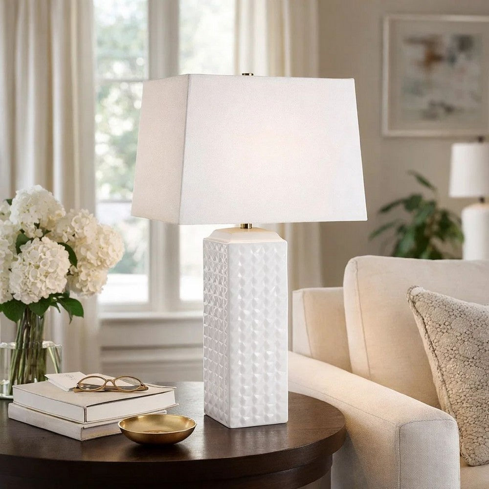 Benjara Table Lamp, Linen Shade, 3D Diamond Knob Gloss White Ceramic, 25 Inch