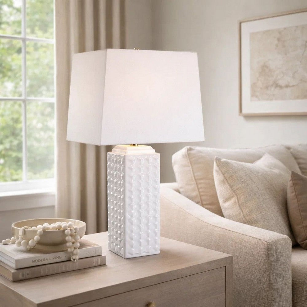 Benjara Table Lamp, Linen Shade, 3D Diamond Knob Gloss White Ceramic, 25 Inch