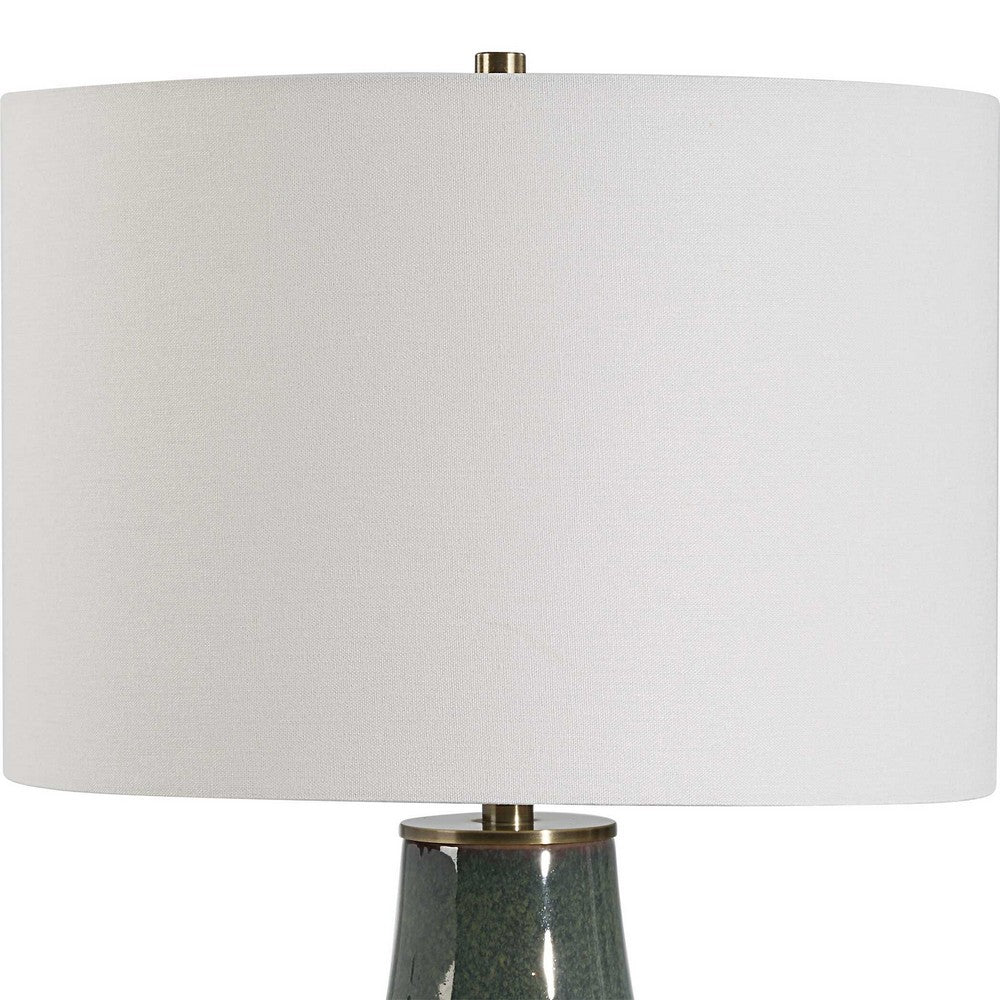 Benjara Table Lamp, White Linen Shade, Ribbed Ceramic Base, Blue Green 27 Inch