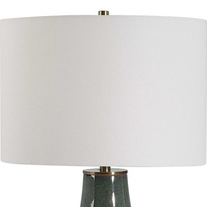 Benjara Table Lamp, White Linen Shade, Ribbed Ceramic Base, Blue Green 27 Inch