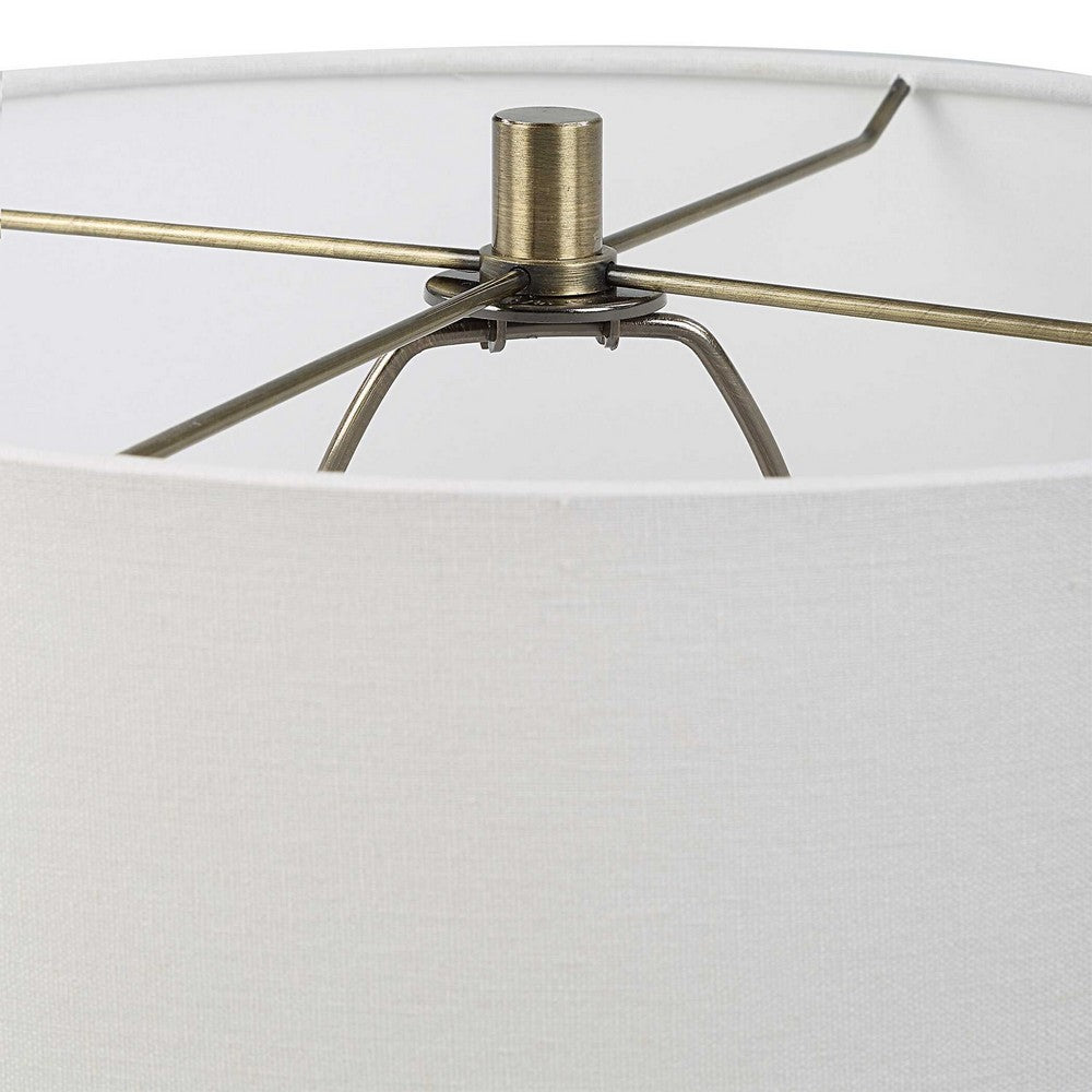 Benjara Table Lamp, White Linen Shade, Ribbed Ceramic Base, Blue Green 27 Inch