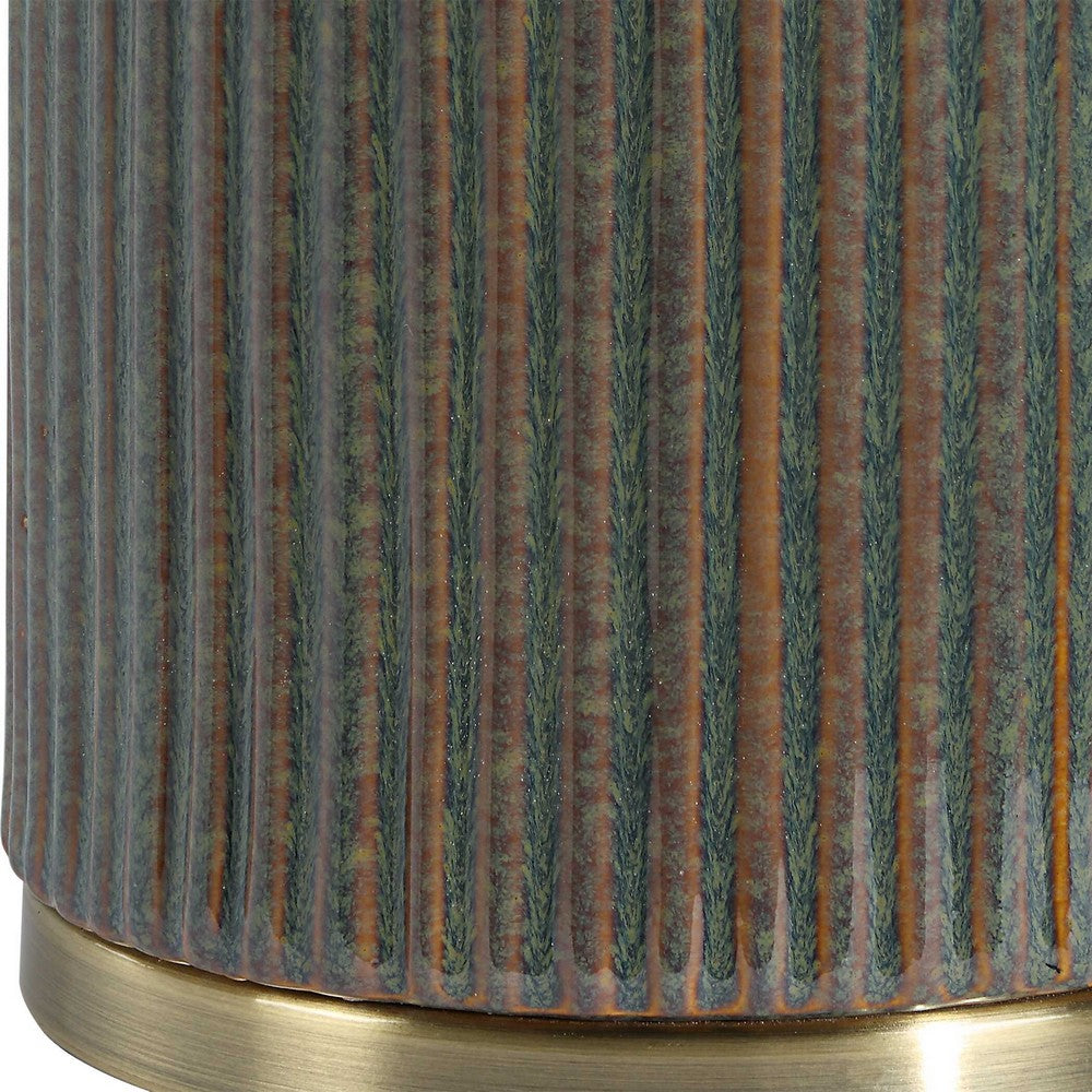 Benjara Table Lamp, White Linen Shade, Ribbed Ceramic Base, Blue Green 27 Inch