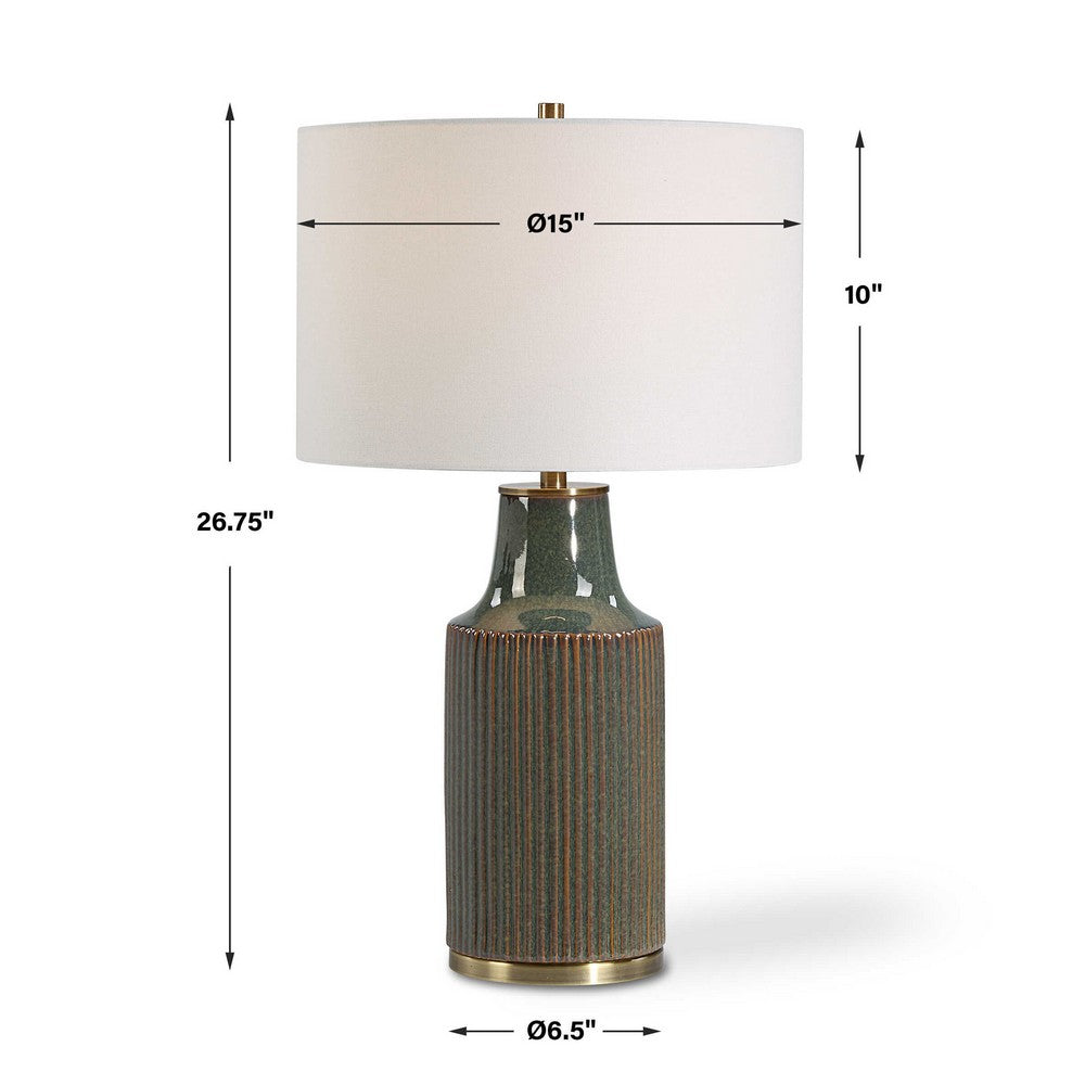 Benjara Table Lamp, White Linen Shade, Ribbed Ceramic Base, Blue Green 27 Inch
