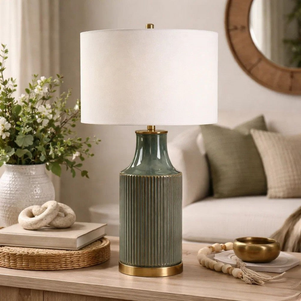 Benjara Table Lamp, White Linen Shade, Ribbed Ceramic Base, Blue Green 27 Inch
