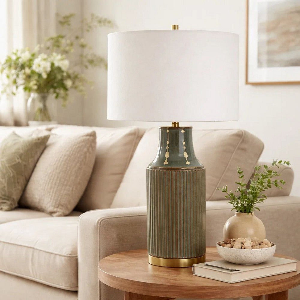Benjara Table Lamp, White Linen Shade, Ribbed Ceramic Base, Blue Green 27 Inch