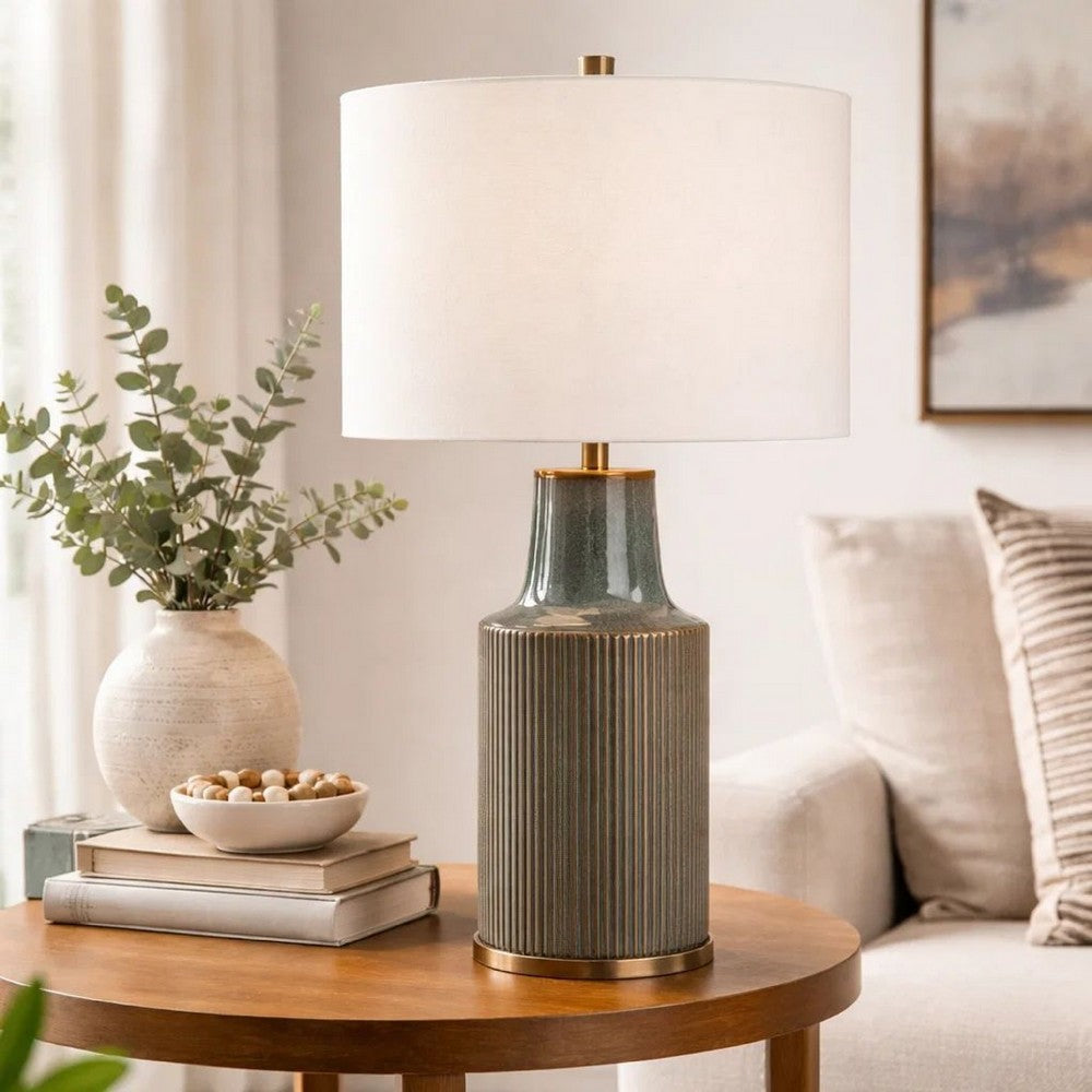 Benjara Table Lamp, White Linen Shade, Ribbed Ceramic Base, Blue Green 27 Inch