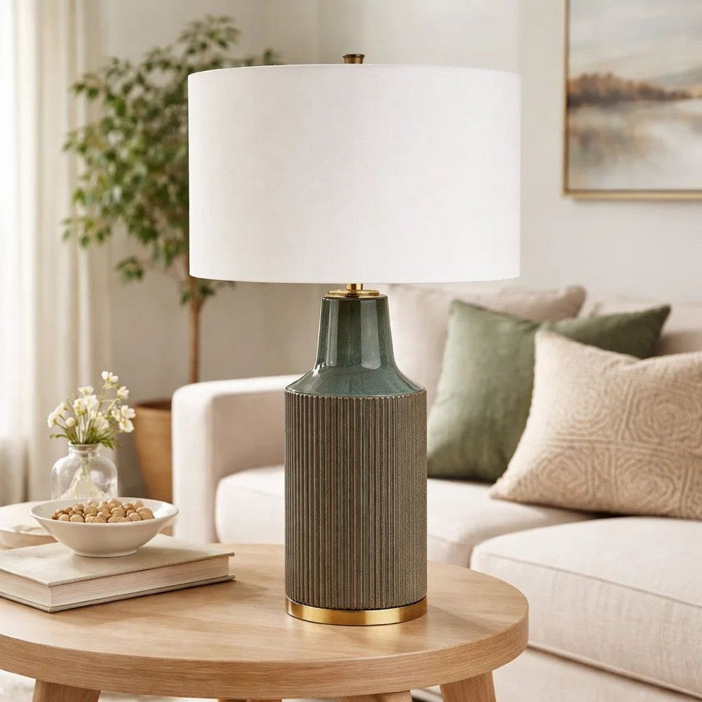 Benjara Table Lamp, White Linen Shade, Ribbed Ceramic Base, Blue Green 27 Inch