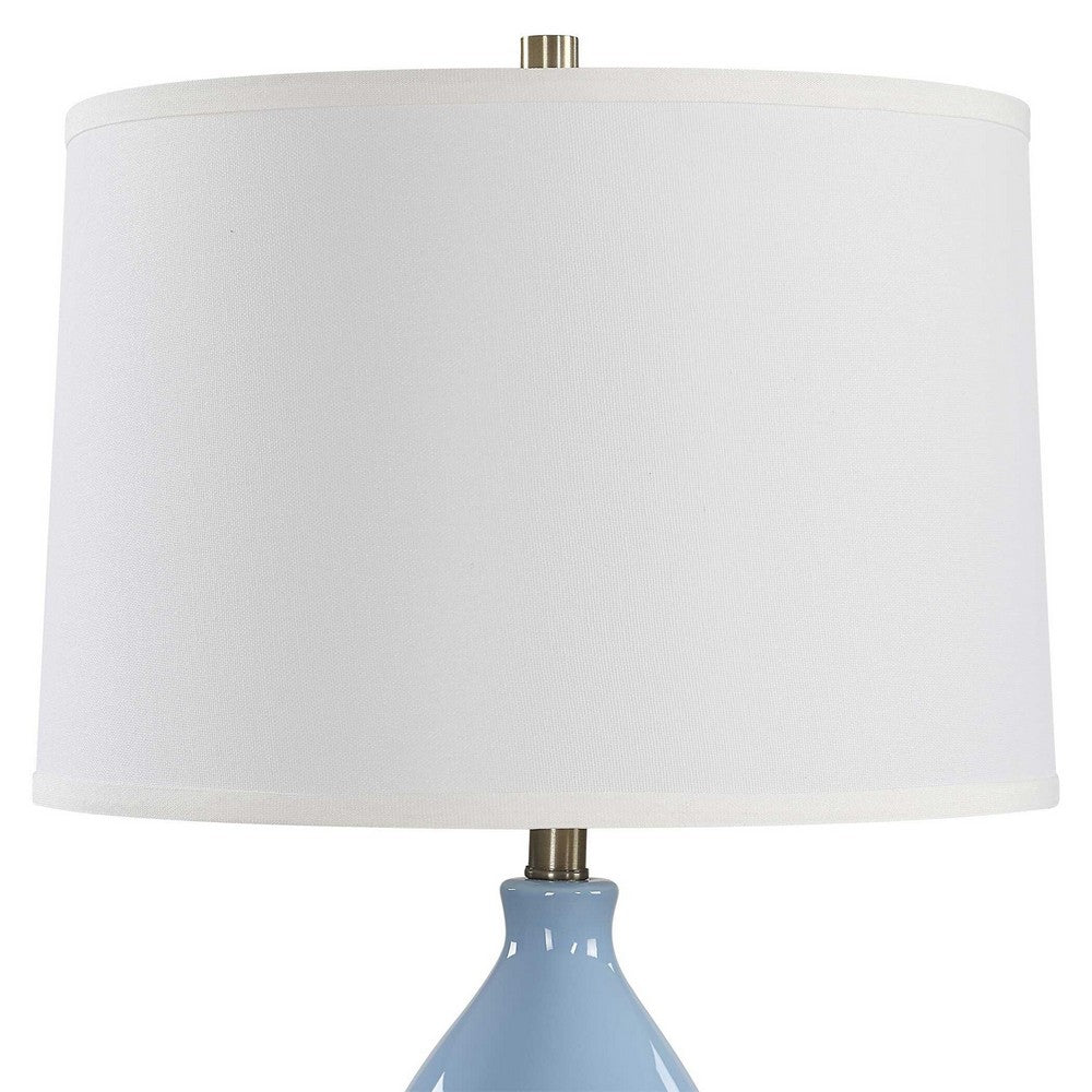 Benjara Roe Table Lamp, White Linen Shade, Blue Gourd Ceramic Body, 26 Inch