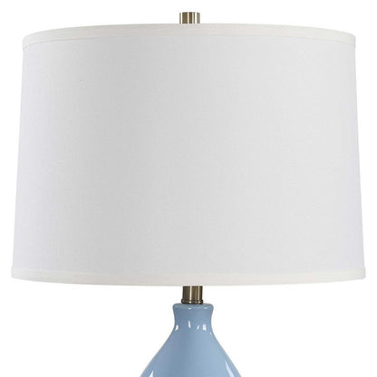 Benjara Roe Table Lamp, White Linen Shade, Blue Gourd Ceramic Body, 26 Inch