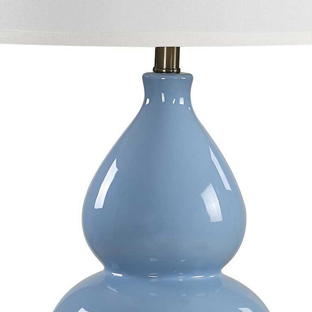 Benjara Roe Table Lamp, White Linen Shade, Blue Gourd Ceramic Body, 26 Inch