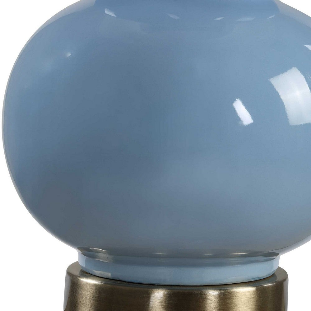 Benjara Roe Table Lamp, White Linen Shade, Blue Gourd Ceramic Body, 26 Inch