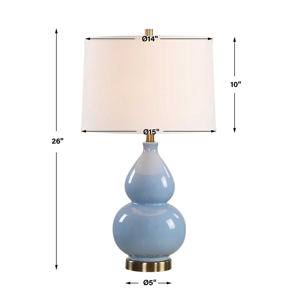 Benjara Roe Table Lamp, White Linen Shade, Blue Gourd Ceramic Body, 26 Inch