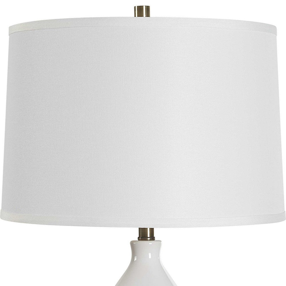 Benjara Roe Table Lamp, White Linen Shade, White Gourd Ceramic Body, 26 Inch