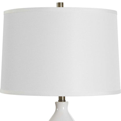 Benjara Roe Table Lamp, White Linen Shade, White Gourd Ceramic Body, 26 Inch
