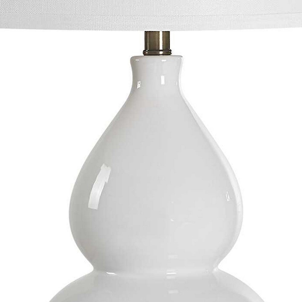 Benjara Roe Table Lamp, White Linen Shade, White Gourd Ceramic Body, 26 Inch