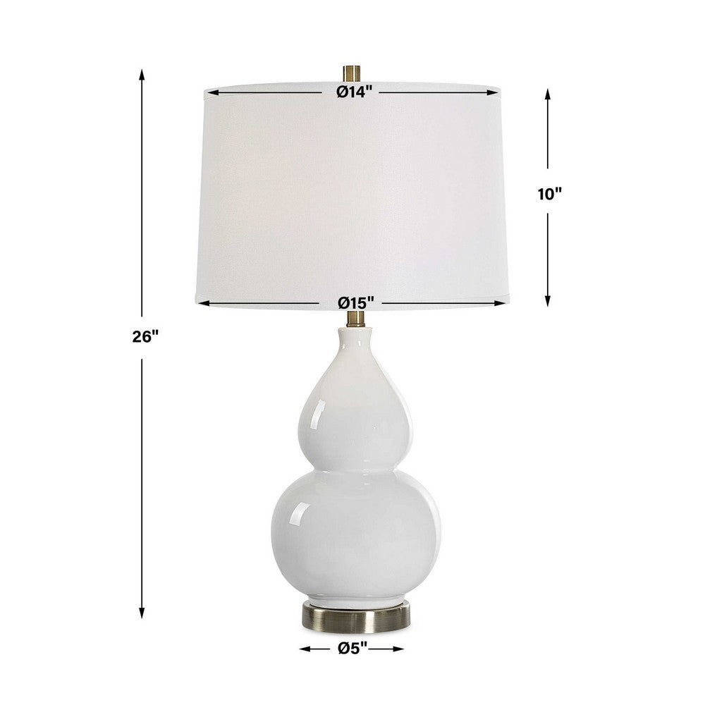 Benjara Roe Table Lamp, White Linen Shade, White Gourd Ceramic Body, 26 Inch