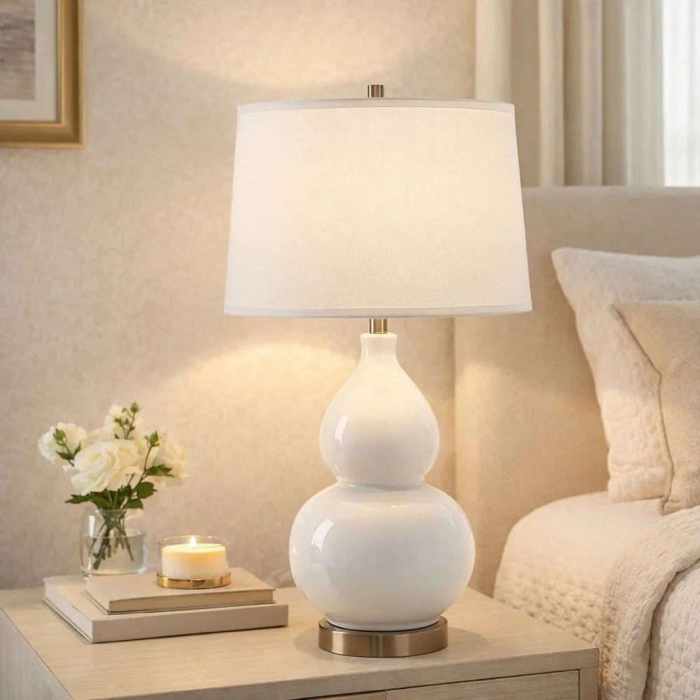 Benjara Roe Table Lamp, White Linen Shade, White Gourd Ceramic Body, 26 Inch
