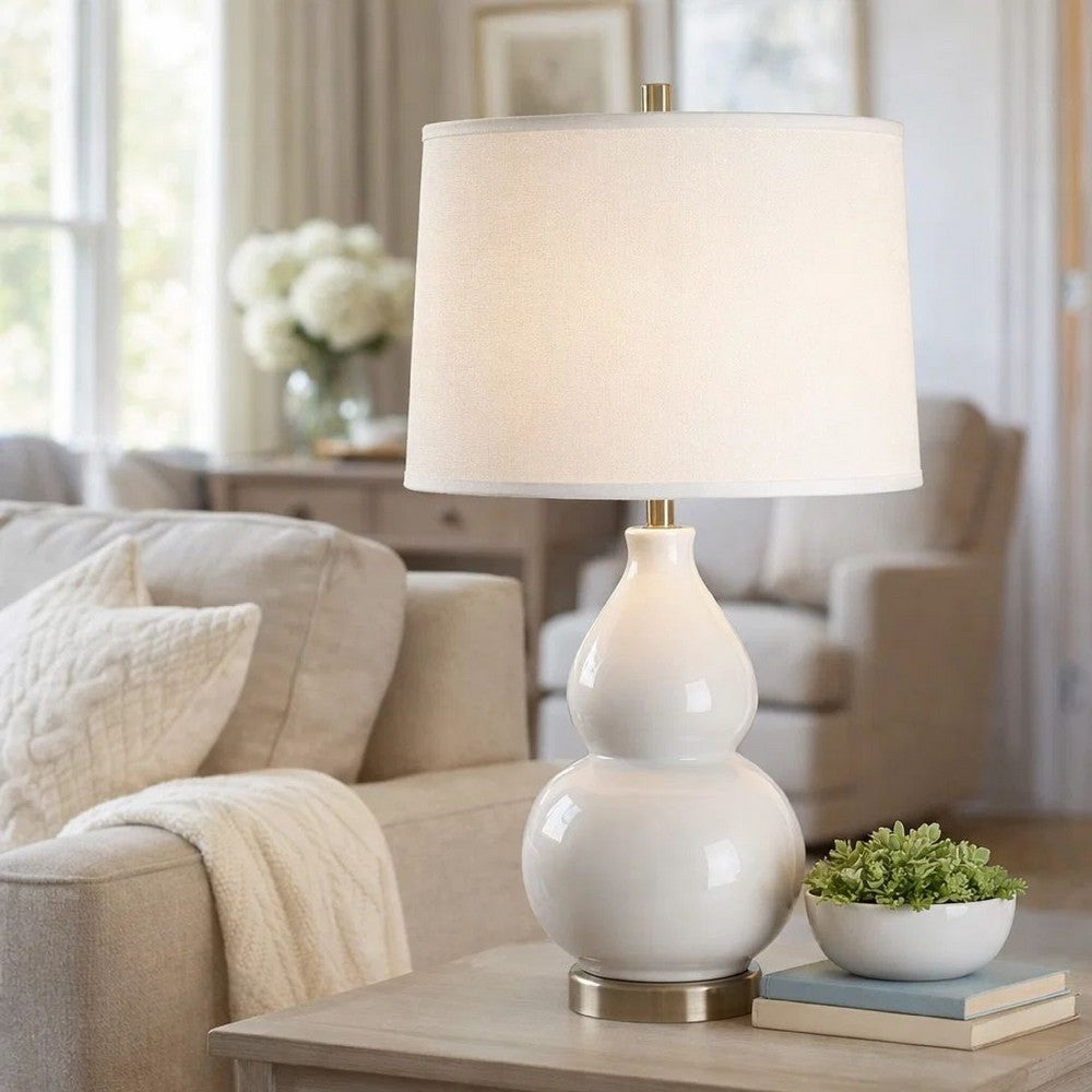 Benjara Roe Table Lamp, White Linen Shade, White Gourd Ceramic Body, 26 Inch