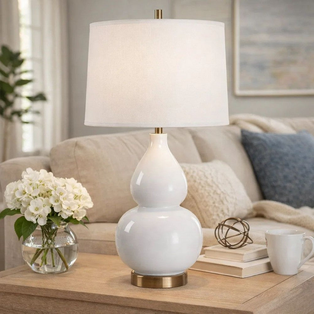Benjara Roe Table Lamp, White Linen Shade, White Gourd Ceramic Body, 26 Inch