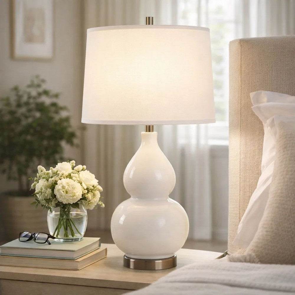 Benjara Roe Table Lamp, White Linen Shade, White Gourd Ceramic Body, 26 Inch