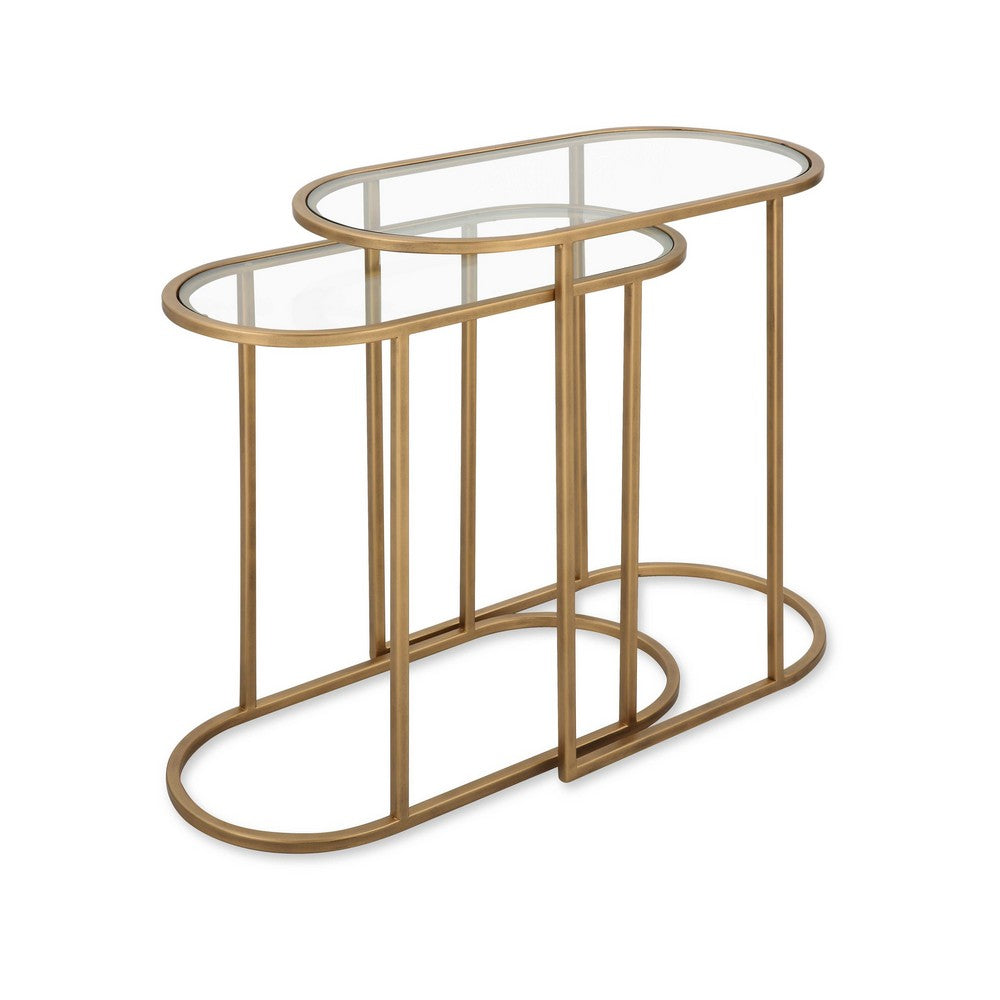 Benjara Valo 2pc Nesting Accent Table Set, Retro Glass Oval Top, Antique Brass
