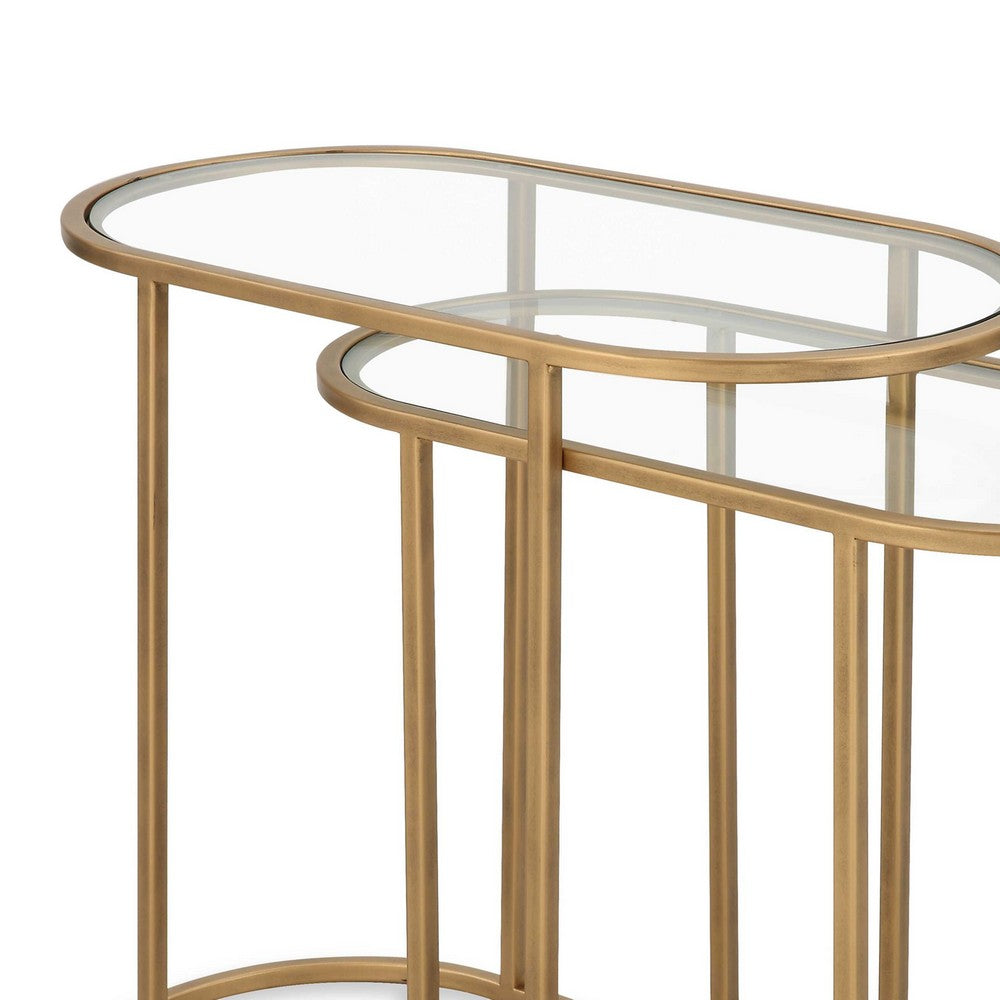 Benjara Valo 2pc Nesting Accent Table Set, Retro Glass Oval Top, Antique Brass