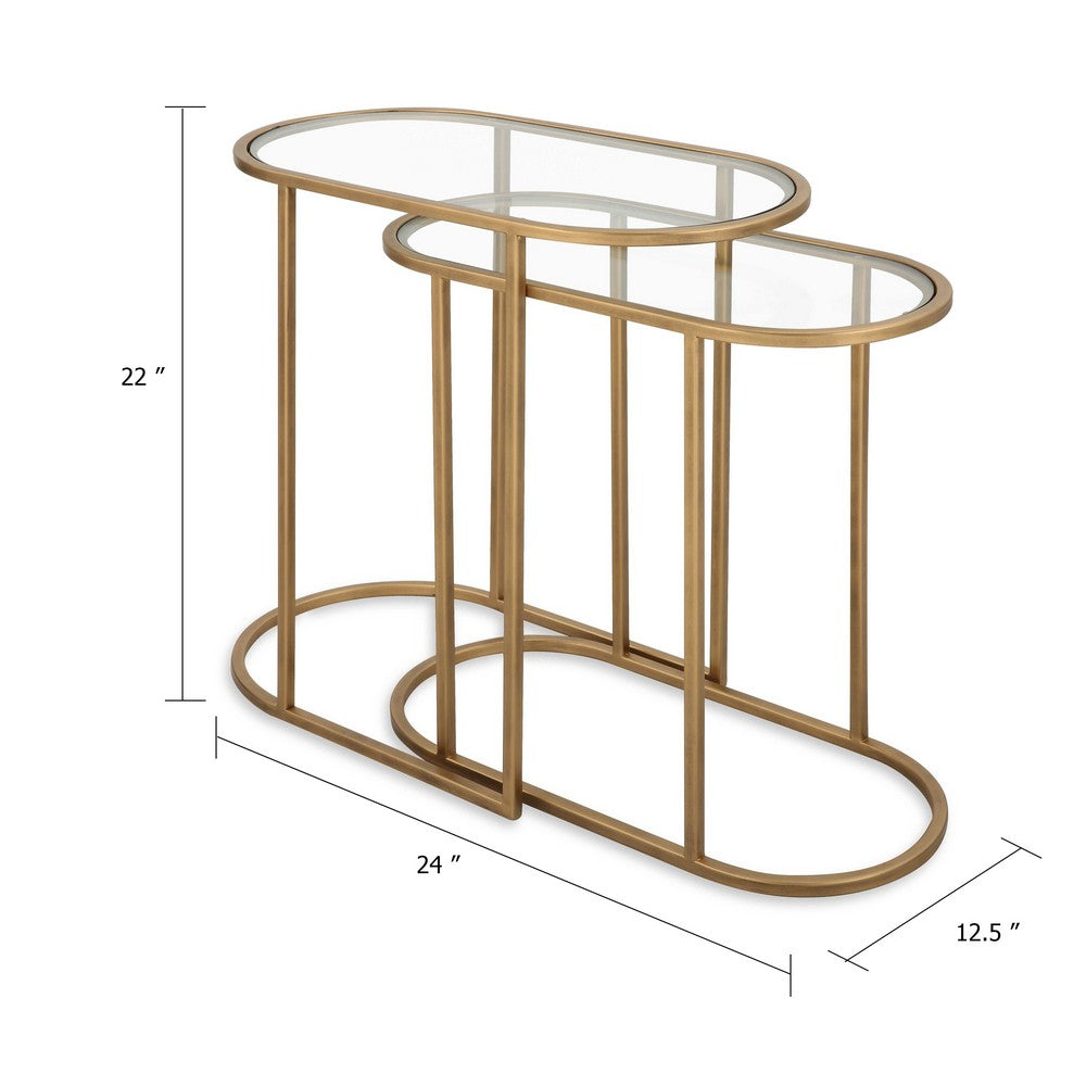 Benjara Valo 2pc Nesting Accent Table Set, Retro Glass Oval Top, Antique Brass