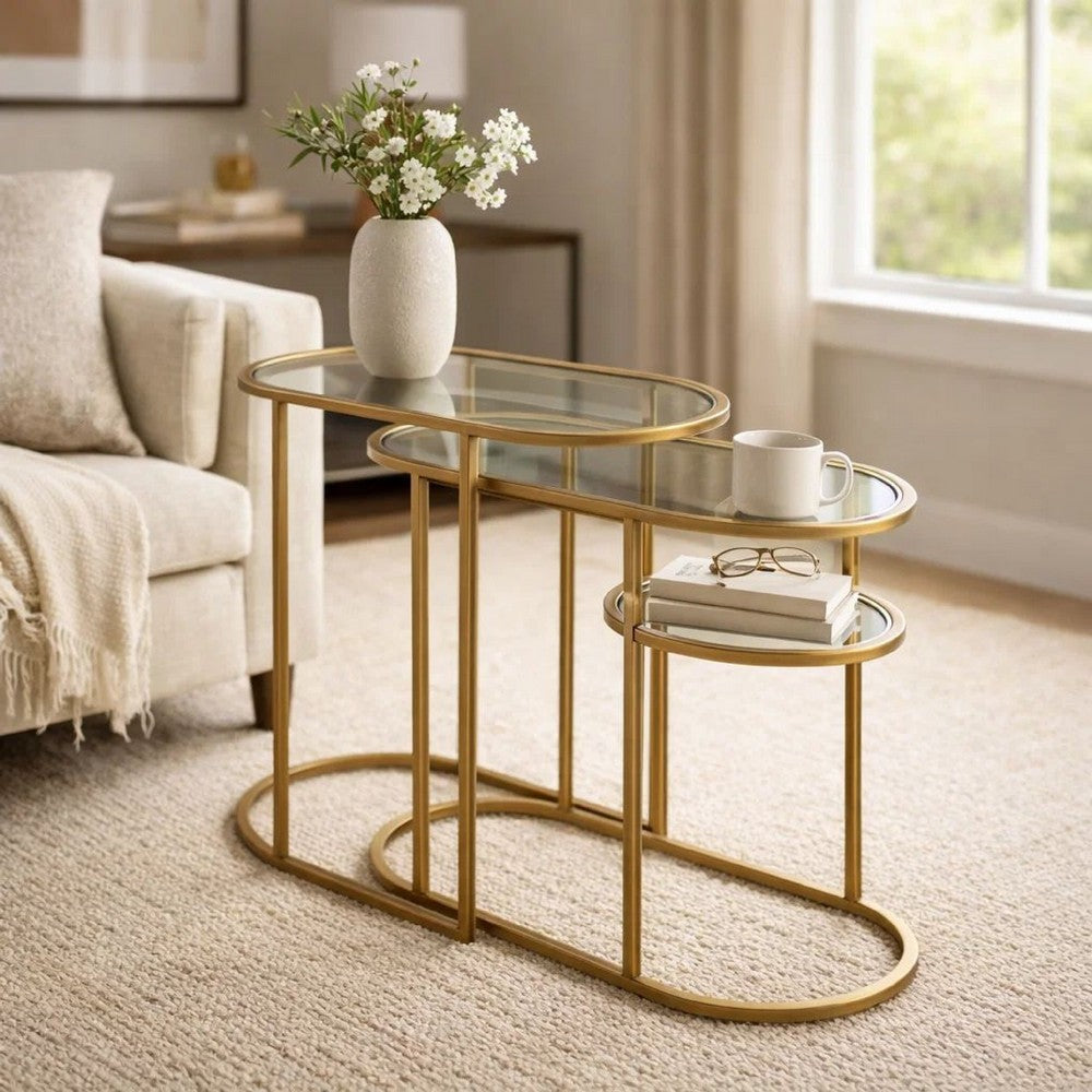 Benjara Valo 2pc Nesting Accent Table Set, Retro Glass Oval Top, Antique Brass