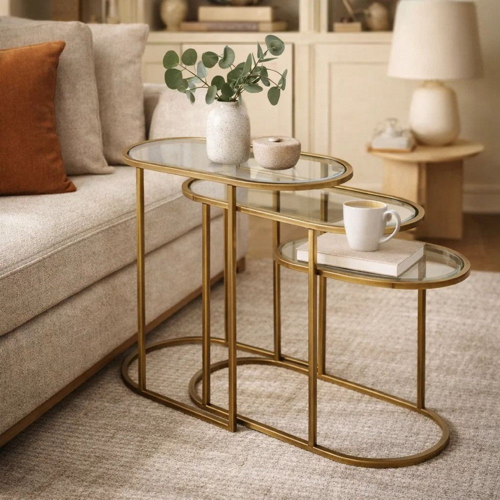 Benjara Valo 2pc Nesting Accent Table Set, Retro Glass Oval Top, Antique Brass