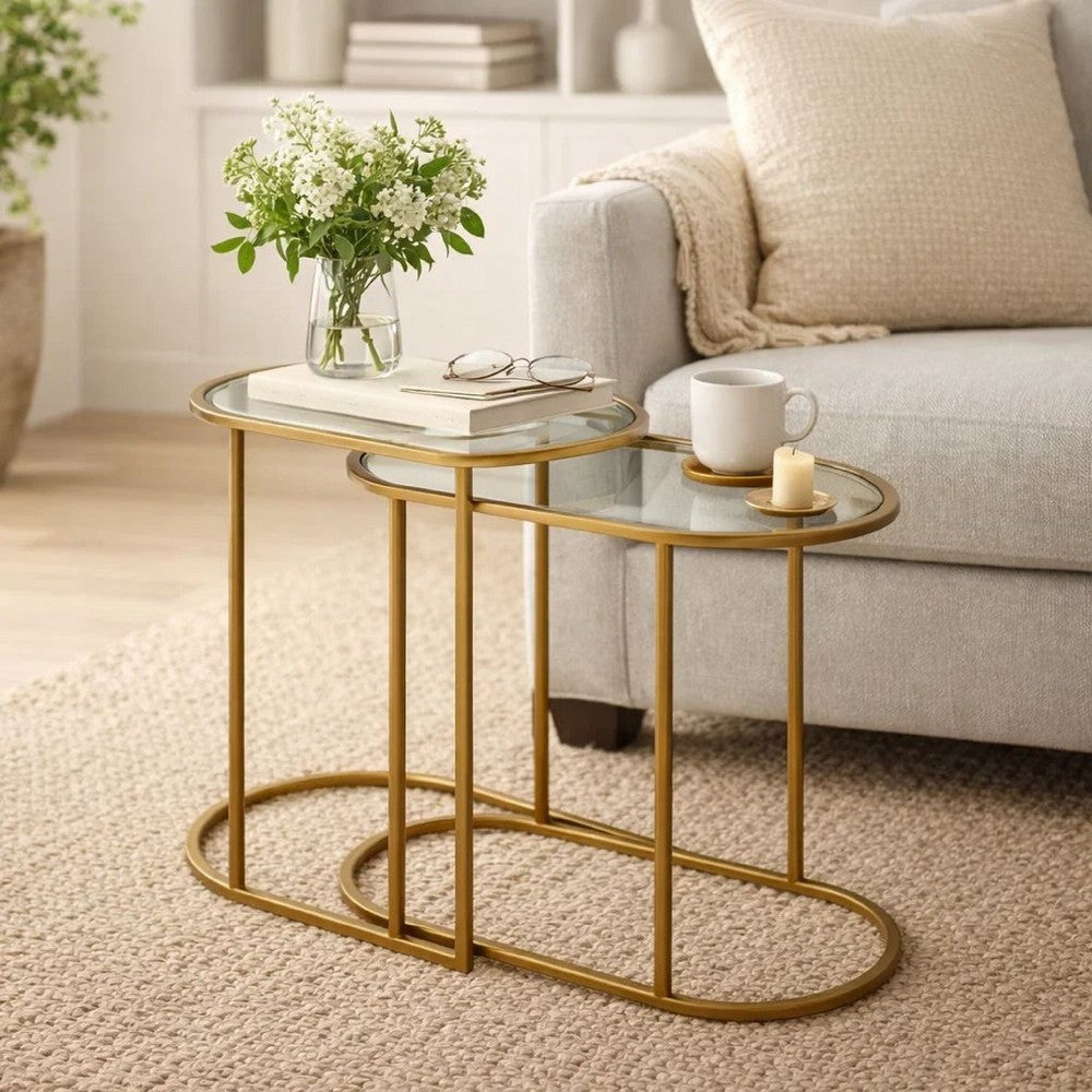 Benjara Valo 2pc Nesting Accent Table Set, Retro Glass Oval Top, Antique Brass