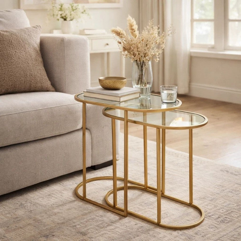 Benjara Valo 2pc Nesting Accent Table Set, Retro Glass Oval Top, Antique Brass