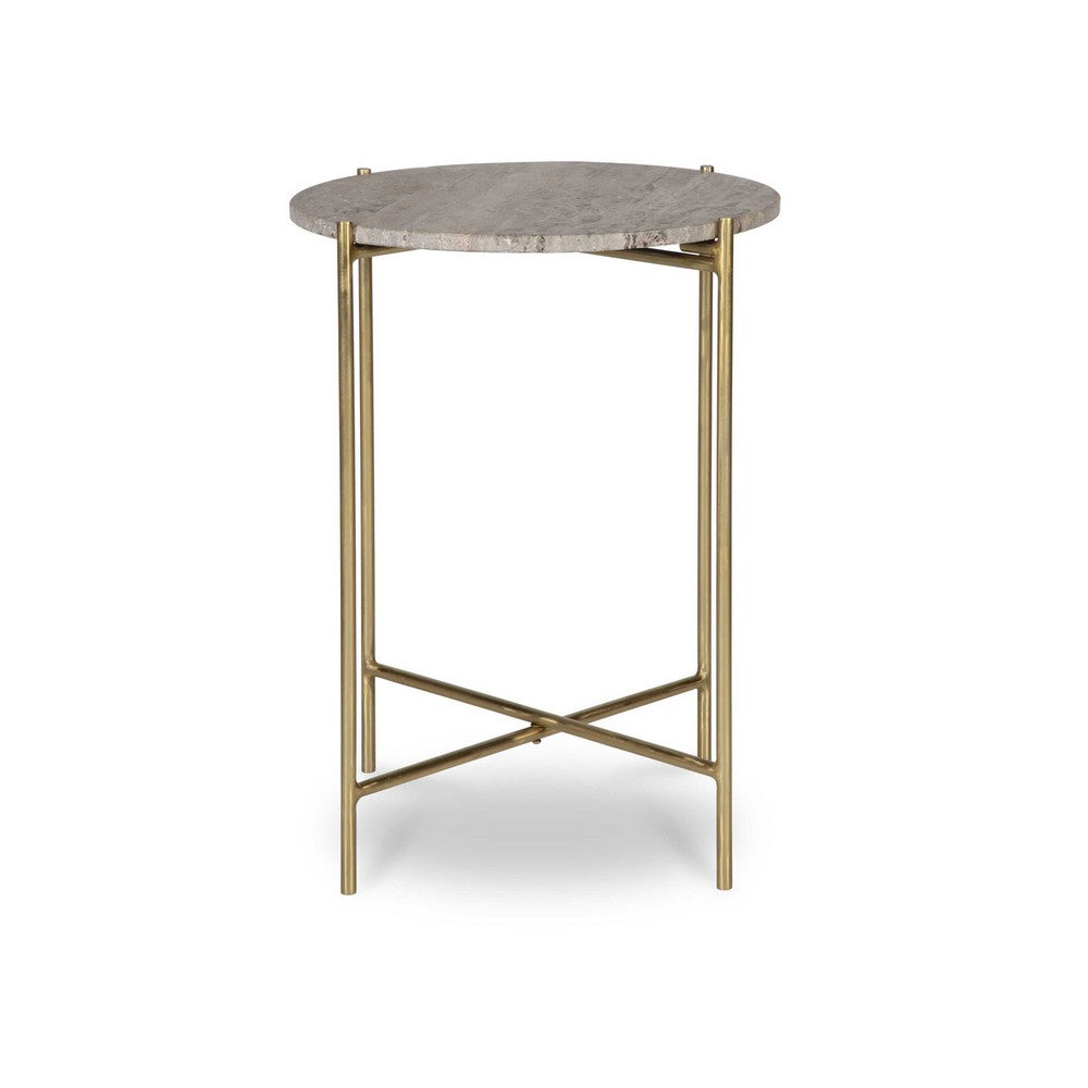 Benjara Raya Accent End Table, 16 Inch Round Travertine Top, Gold Iron Frame