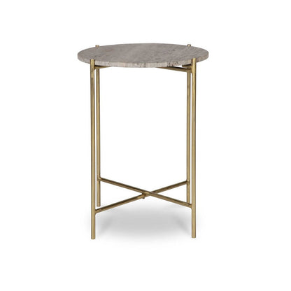Benjara Raya Accent End Table, 16 Inch Round Travertine Top, Gold Iron Frame