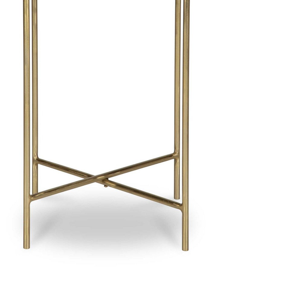 Benjara Raya Accent End Table, 16 Inch Round Travertine Top, Gold Iron Frame
