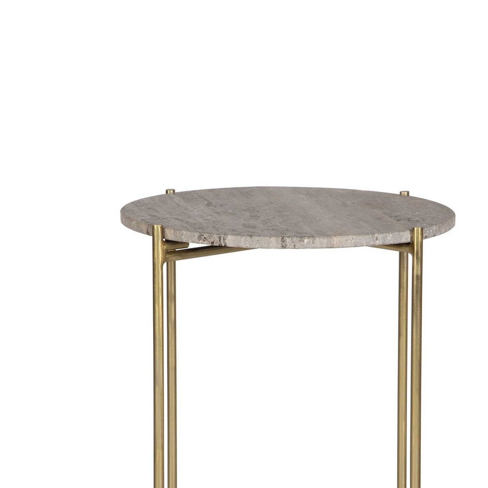 Benjara Raya Accent End Table, 16 Inch Round Travertine Top, Gold Iron Frame