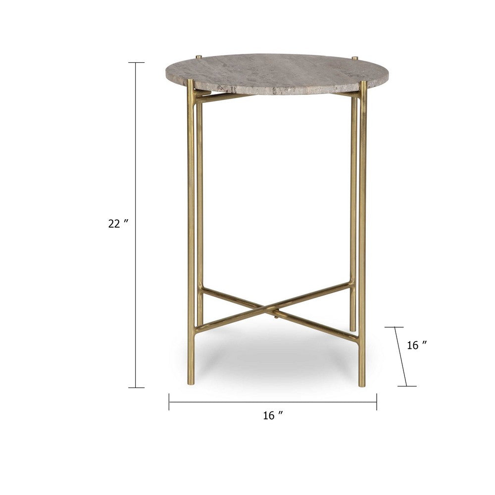 Benjara Raya Accent End Table, 16 Inch Round Travertine Top, Gold Iron Frame