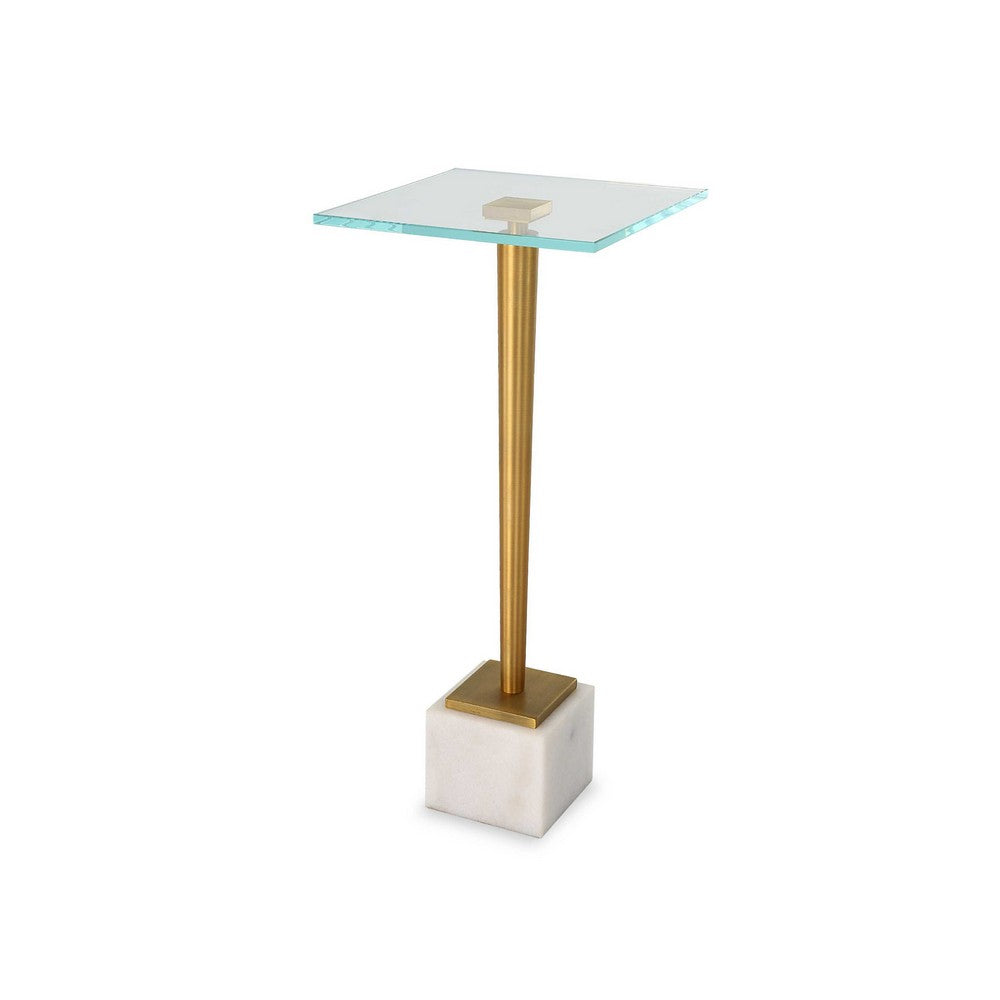Benjara Lemy Accent Table, 11 Inch Square Glass Top, White Marble, Retro Brass
