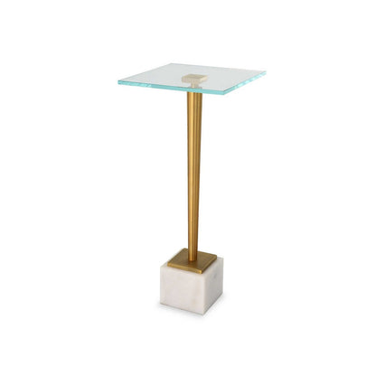 Benjara Lemy Accent Table, 11 Inch Square Glass Top, White Marble, Retro Brass