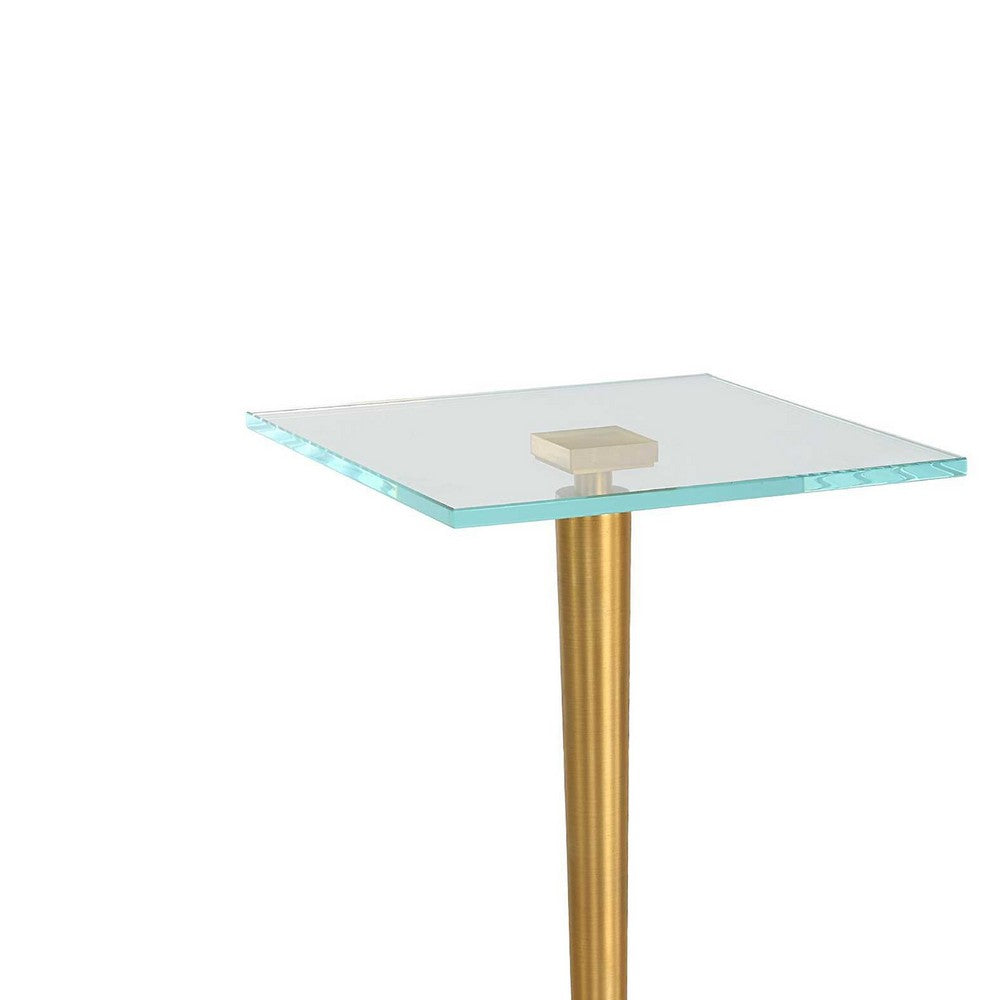 Benjara Lemy Accent Table, 11 Inch Square Glass Top, White Marble, Retro Brass